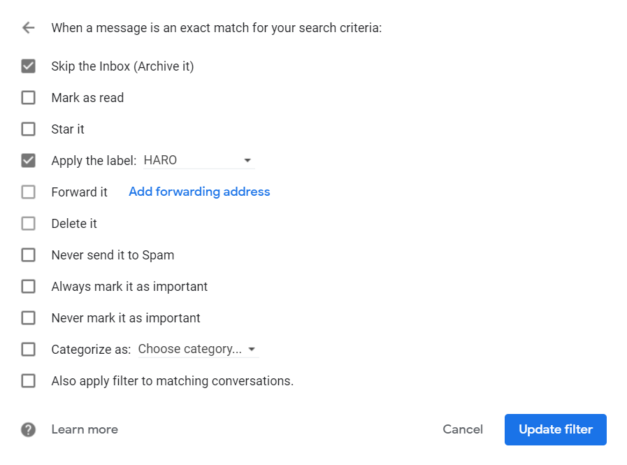 haro gmail filter